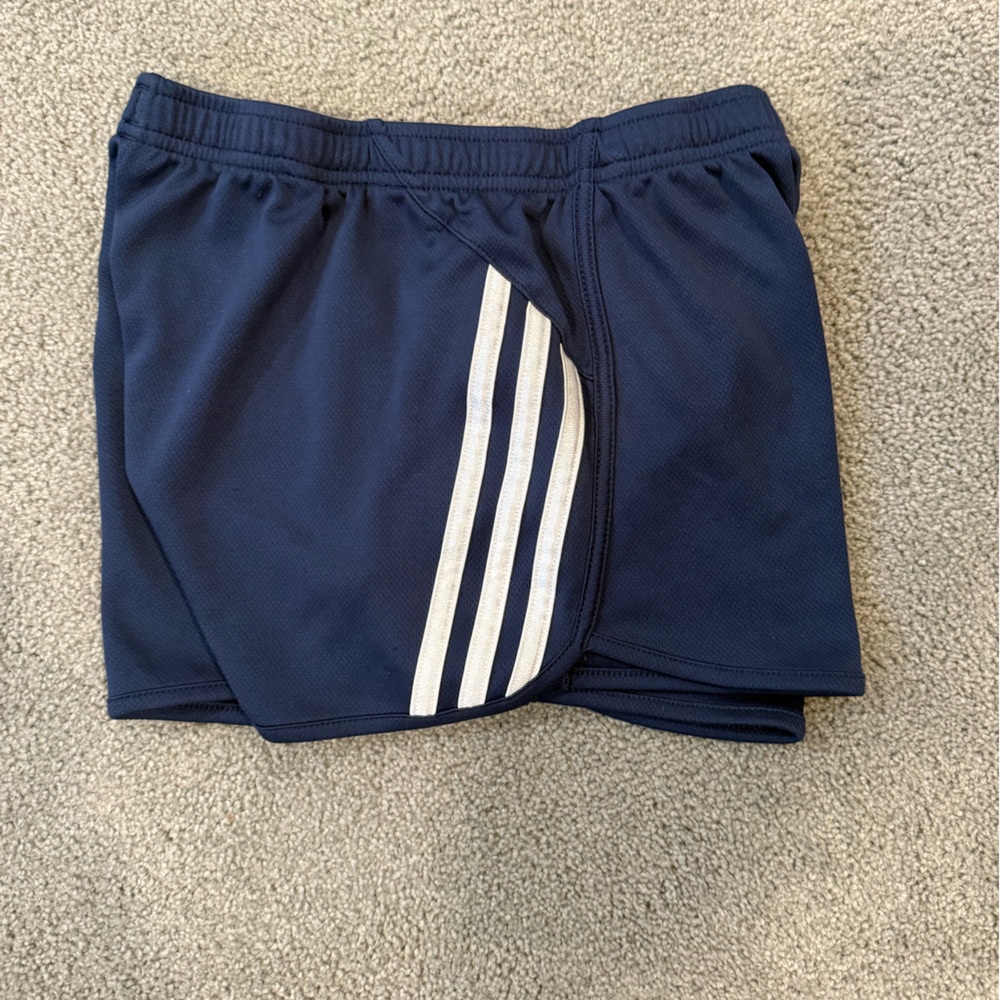 Adidas Girls Dark Blue Athletic Shorts with Red and White Stripes - Picture 4 of 5